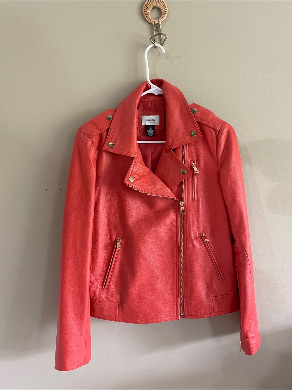 Neiman Marcus Coral-Red Leather Moto Jacket